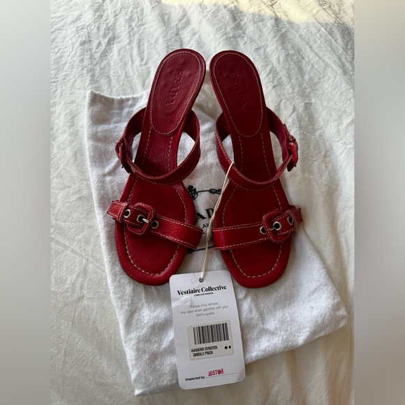 Prada Red Leather Buckle Slingback Heels - Picture 2 of 4